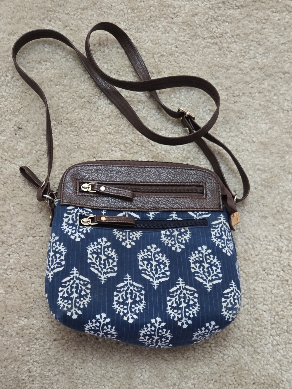 Women’s Navy Blue Patterned Crossbody Bag with Brown Trim